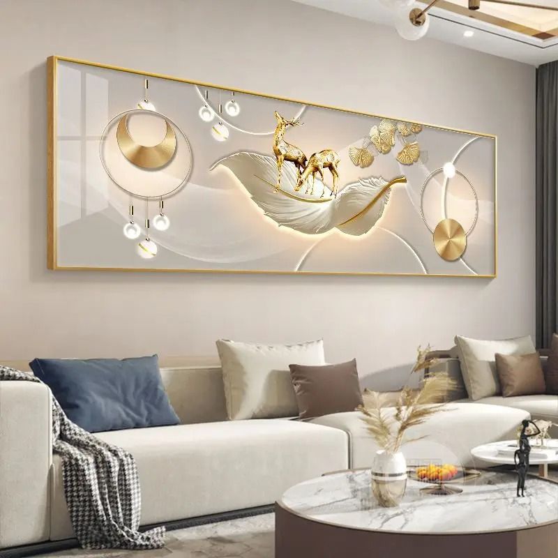 Chinese Style Golden Leaves & Deer Canvas Art | Feng Shui Mountain Poster | Luxury Feather Wall Art For Living Room 12 60 X 180 Cm No Frame