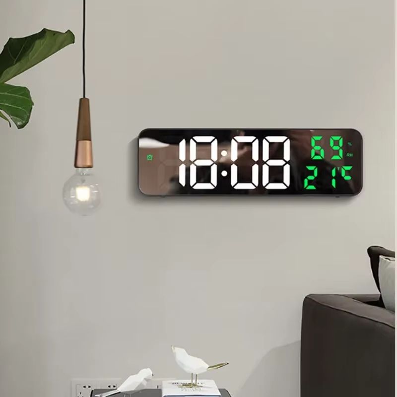 9 Inch LED Digital Wall Clock USB Powered Temperature Humidity Display Alarm Clock mirror Green Temp