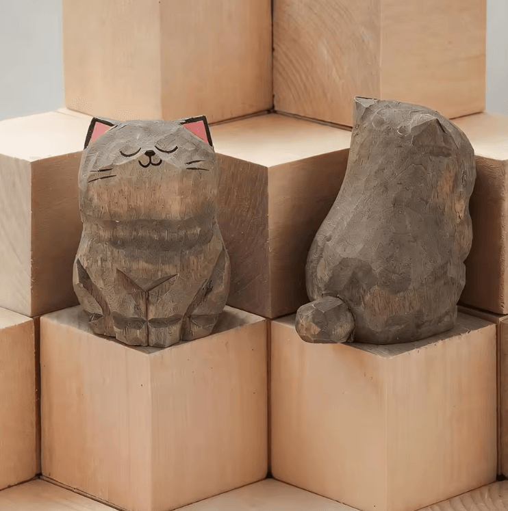 Handcrafted Wooden Cat Figurine Cute Kitten Desk & Car Decor Ornament cat 08