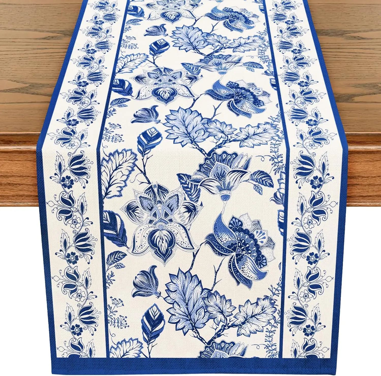 Blue Floral Linen Table Runner Farmhouse Kitchen Decor blue 180x33cm 70.8x13inch