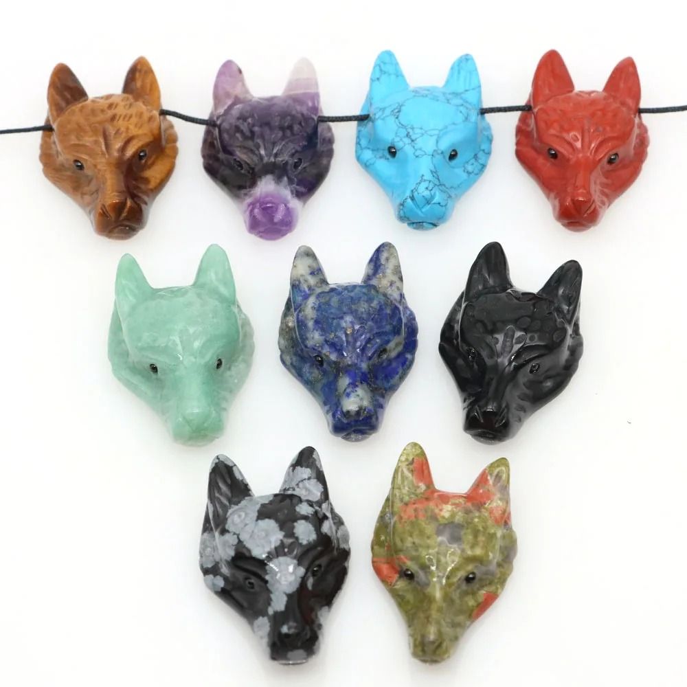 Hand Carved Wolf Head Crystal Pendant Natural Stone Healing Necklace 09 10 Pcs