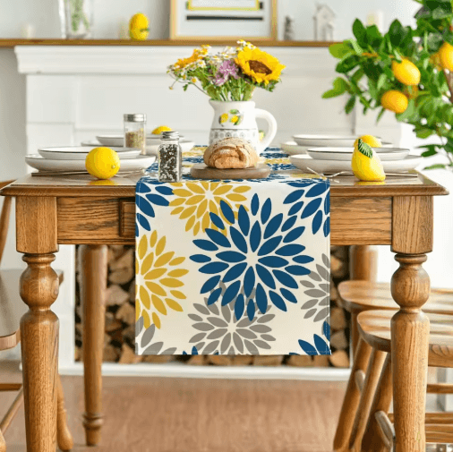 Blue Dahlia Floral Linen Table Runner Elegant Spring & Summer Table Decor 7 180x33cm 70.8x13inch