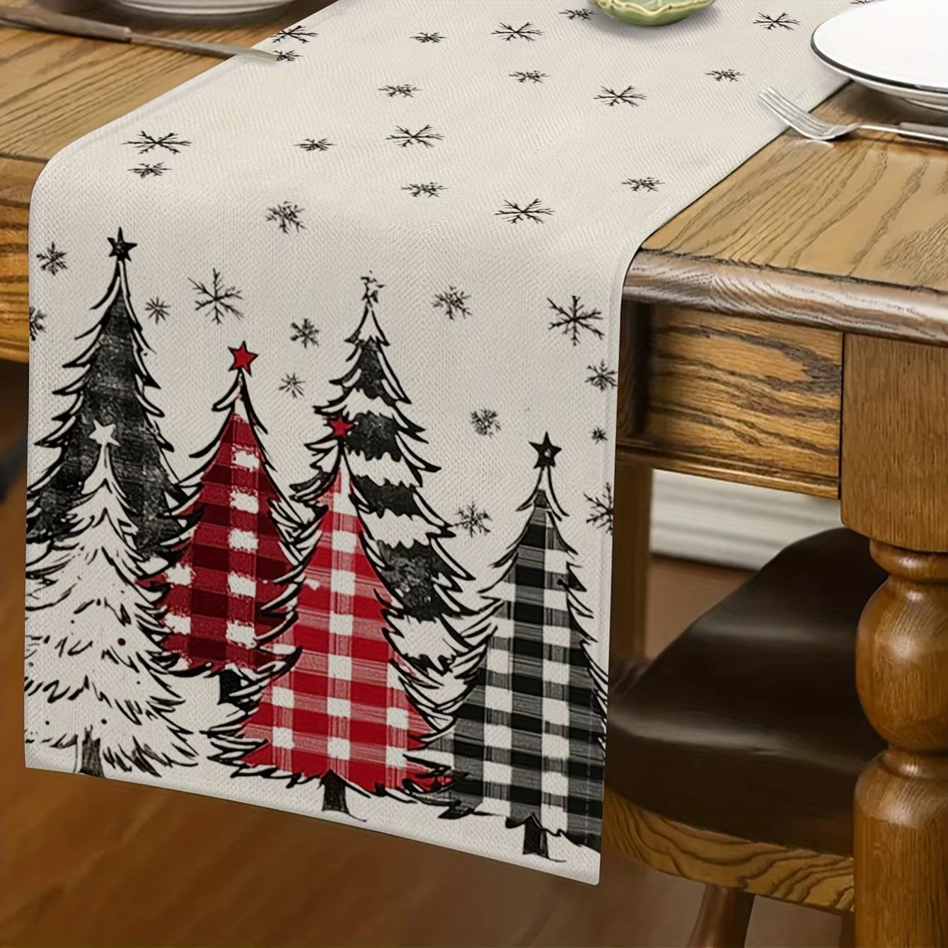 Retro Plaid Christmas Tree Table Runner Cozy Holiday Dining Decor trees 13x36.5in