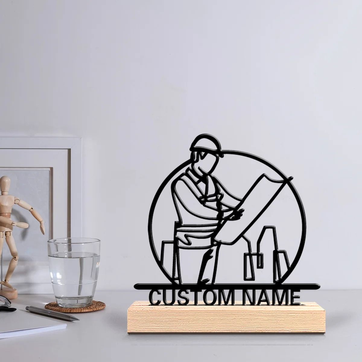 Personalized Architect Metal Statue Desk Decor With Wooden Base Office Sculpture Personalized Architect Metal Statue Desk Decor With Wooden Base Office Sculpture