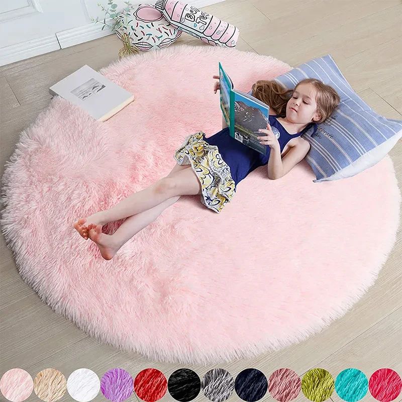 Fluffy Round Shaggy Rug Soft Plush Carpet For Bedroom Nursery And Living Room pink 31.50 Inches