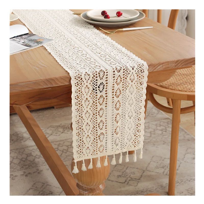 Boho Beige Macrame Table Runner Vintage Farmhouse Crochet Bohemian Dining & Wedding Decor a 9.45 118.1 In