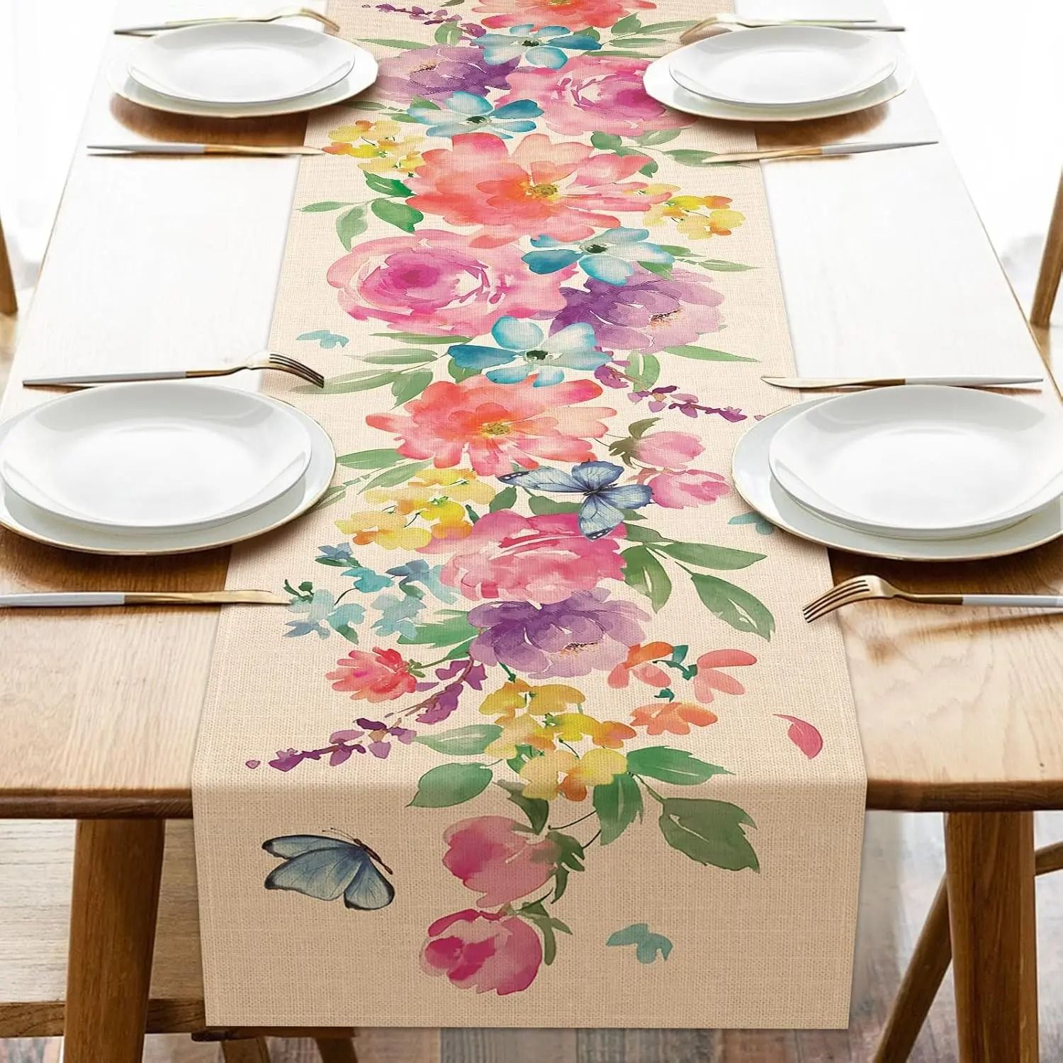 Spring Watercolor Flower & Butterfly Linen Table Runner | Elegant Reusable Dining Decor 108 X 13 In