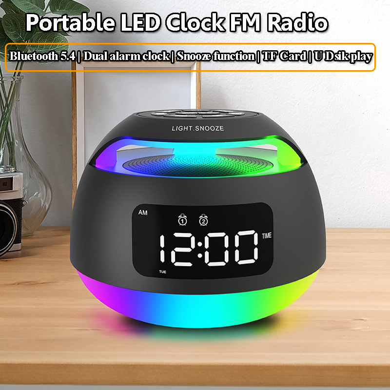 Bluetooth Alarm Clock Speaker With FM Radio Dual Alarm And Mood Light white