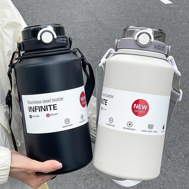 Large Capacity Stainless Steel Thermos Mug Insulated Water Bottle With Handle & Straw Leakproof Sports Bottle ivory