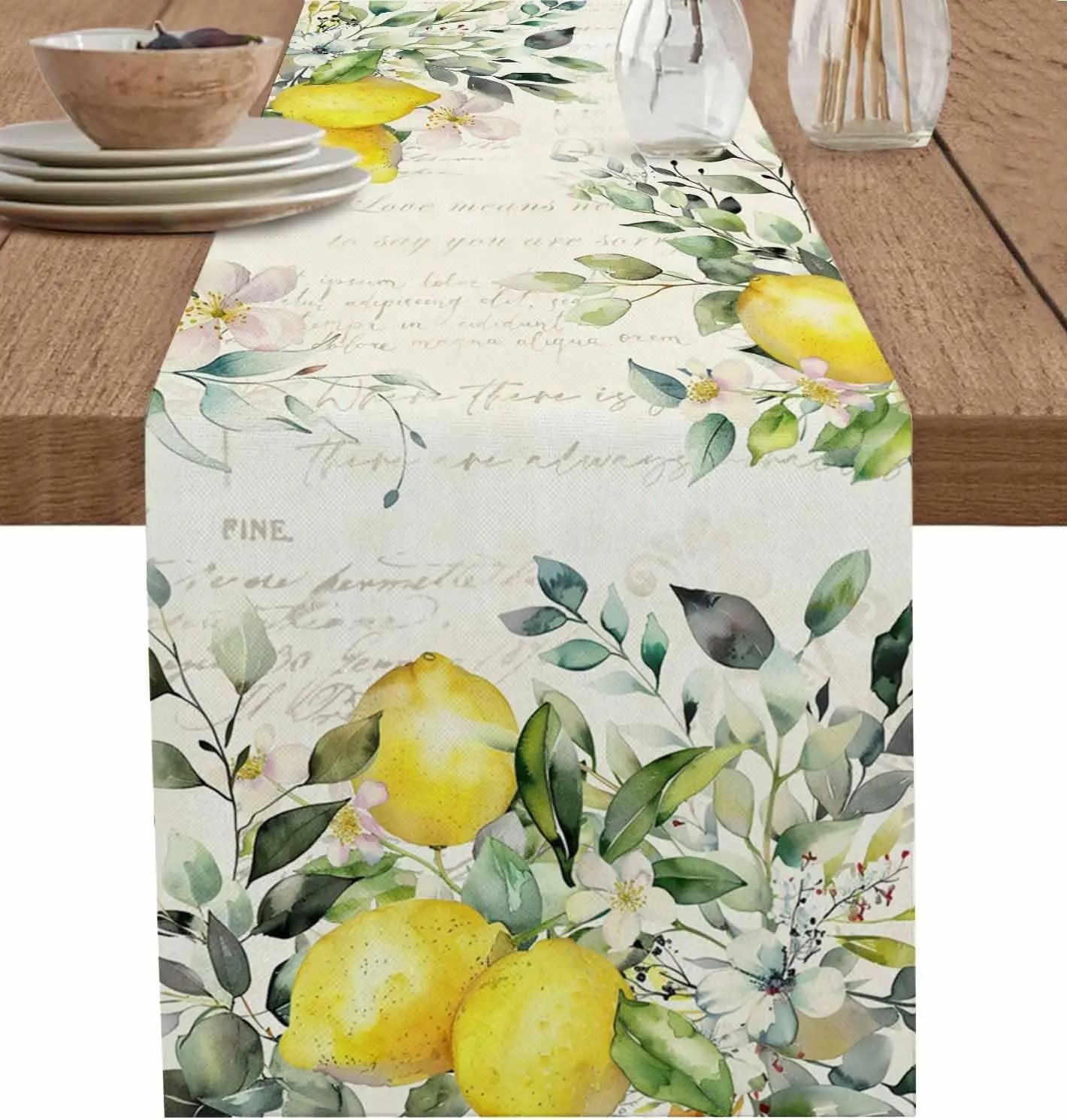 Eucalyptus Lemon Linen Table Runner Fresh Floral Dining Decor 150x33 Cm 59x13 In