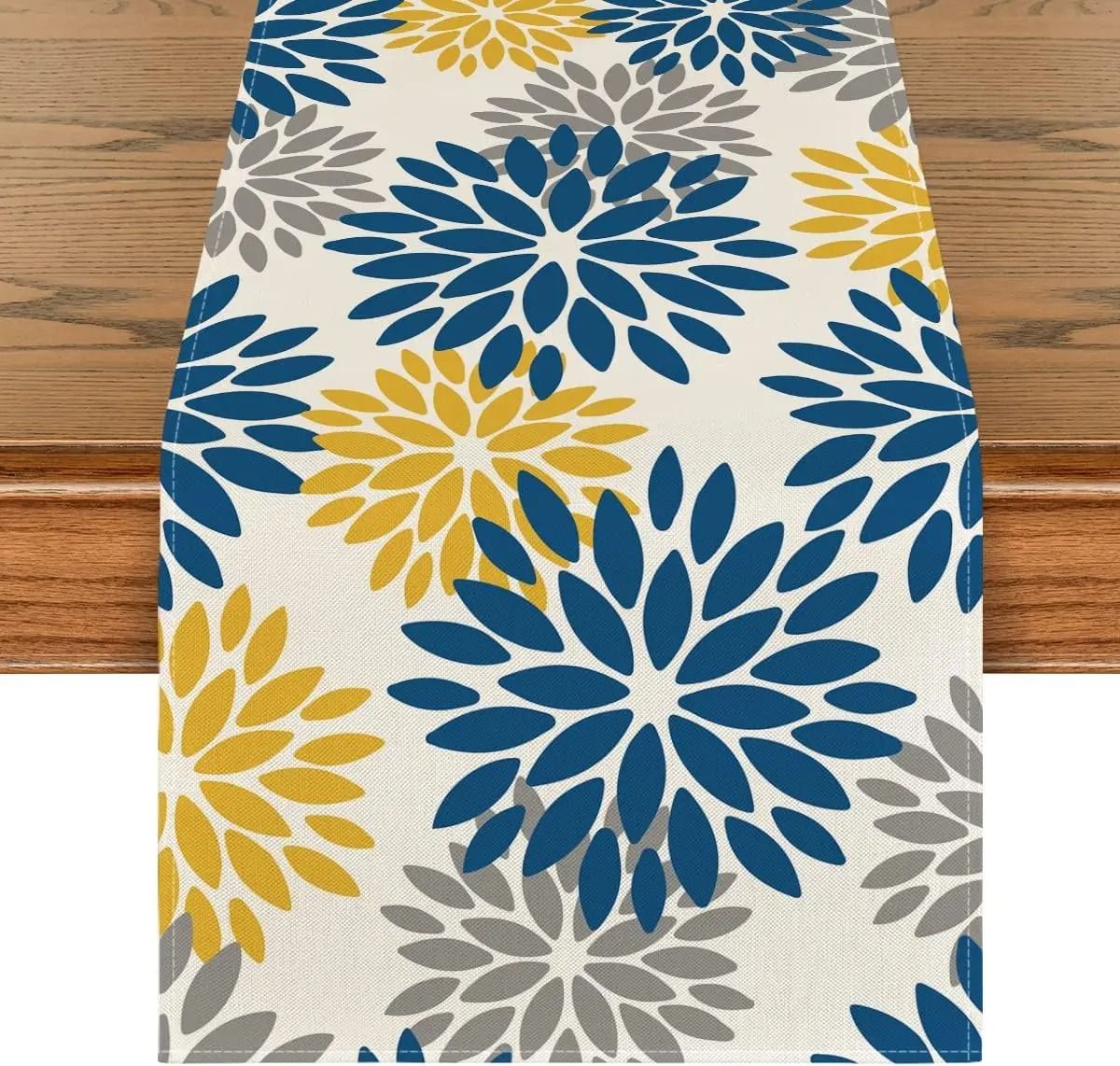Blue Dahlia Floral Summer Table Runner | Seasonal Spring Linen Dresser Scarf 200 X 33 Cm 78.7 X 13 In 6