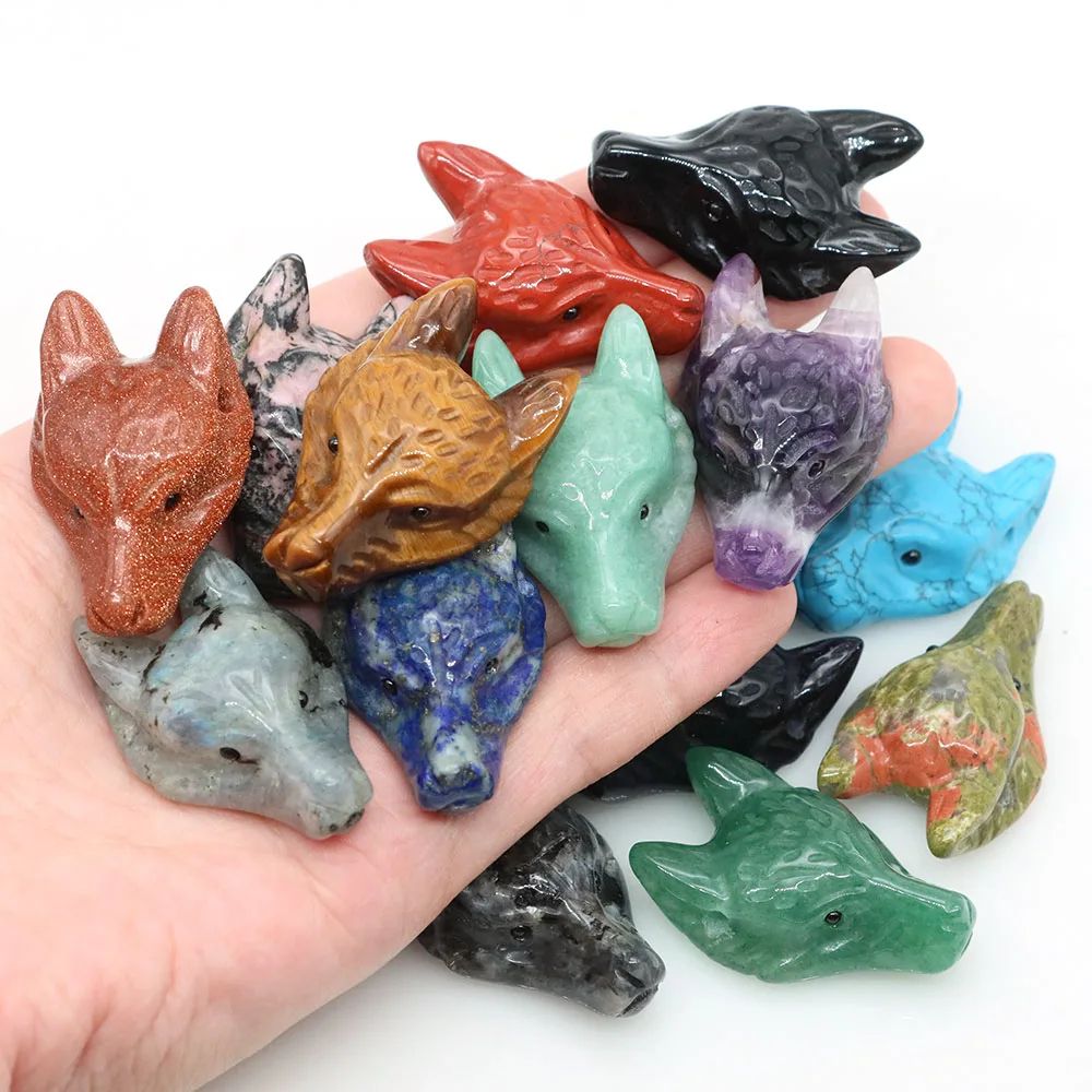 Hand Carved Wolf Head Pendant In Natural Crystal Stone For Jewelry Making black Labradorite 10pcs