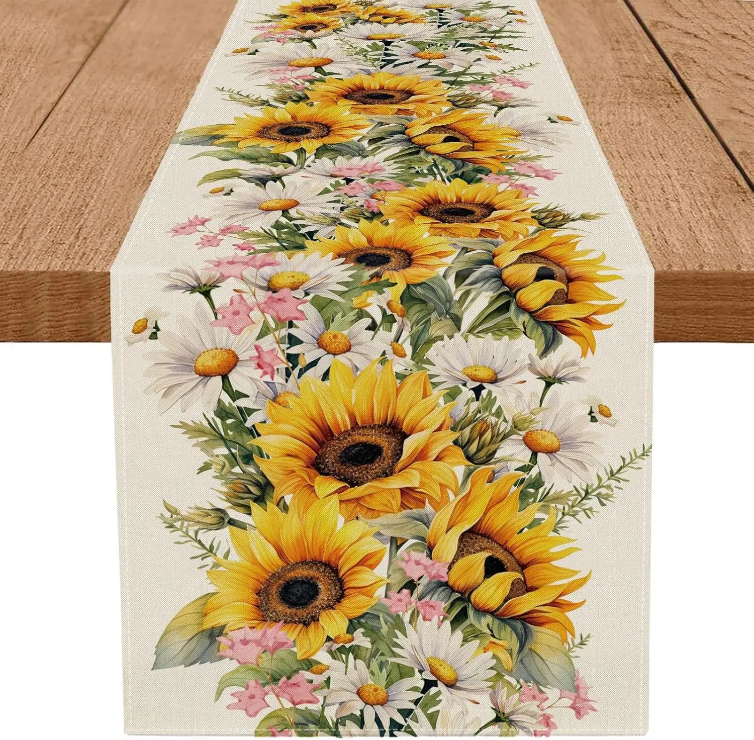 Sunflower Linen Table Runner Farmhouse Floral Table Decor For Bright, Elegant Dining 180x33cm 70.8x13inch 2
