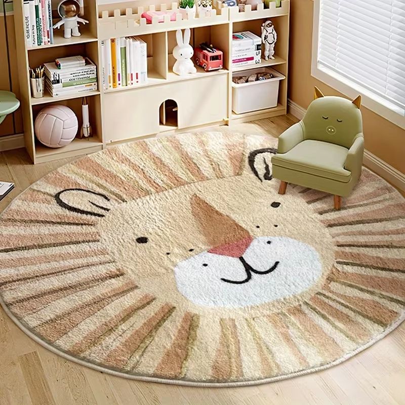 Cute Cartoon Lion Plush Kids Rug Soft Round Playroom Carpet the Sunburst Mane Style 79in