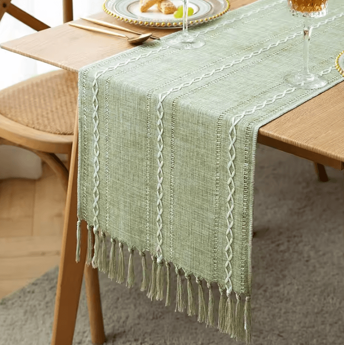 Boho Green Table Runner With Tassels Rustic Cotton Linen Farmhouse Dining Decor grey A 35x300cm 1pc