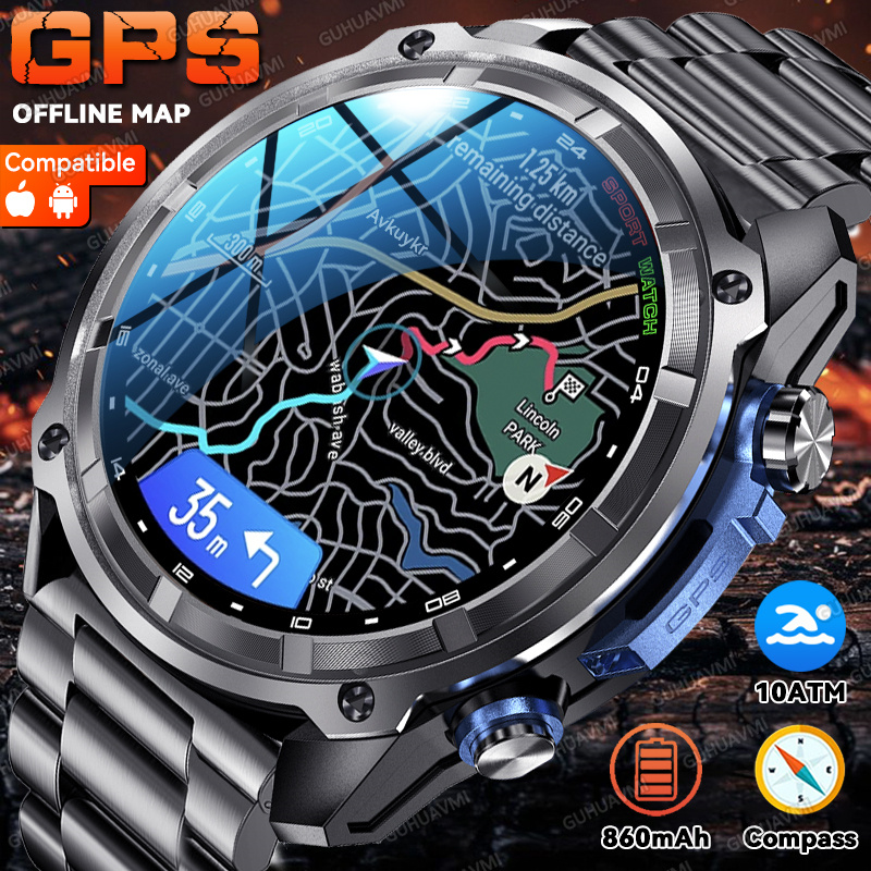 Outdoor GPS Smart Watch With Offline Maps Bluetooth Calling & Compass black Mesh Belt