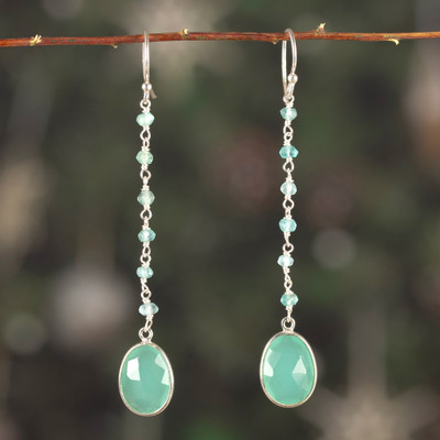 Shimmering Aqua,'Sterling Silver Dangle Earrings with 14 Chalcedony Gemstones'