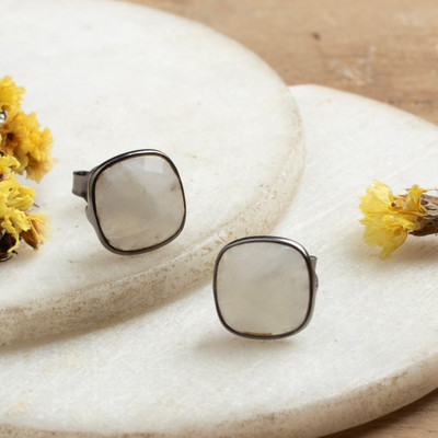 Moonlit Glow,'Checkerboard Rainbow Moonstone Sterling Silver Stud Earrings'