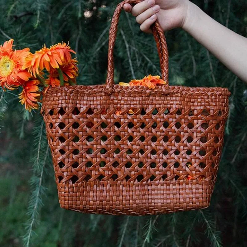 Borsa tote in pelle di vacchetta, borsa a cestino intrecciata a mano, borsa a tracolla in vera pelle 100% intrecciata, borsa interna intrecciata, borsa shopping vintage