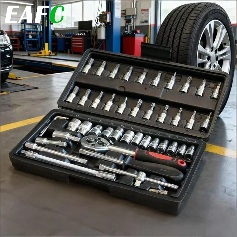Set di Attrezzi Manuali per Riparazione Auto EAFC 46 Pezzi, Cassetta degli Attrezzi da Meccanico con Chiavi a Bussola da 1/4'', Cacciavite a Cricchetto