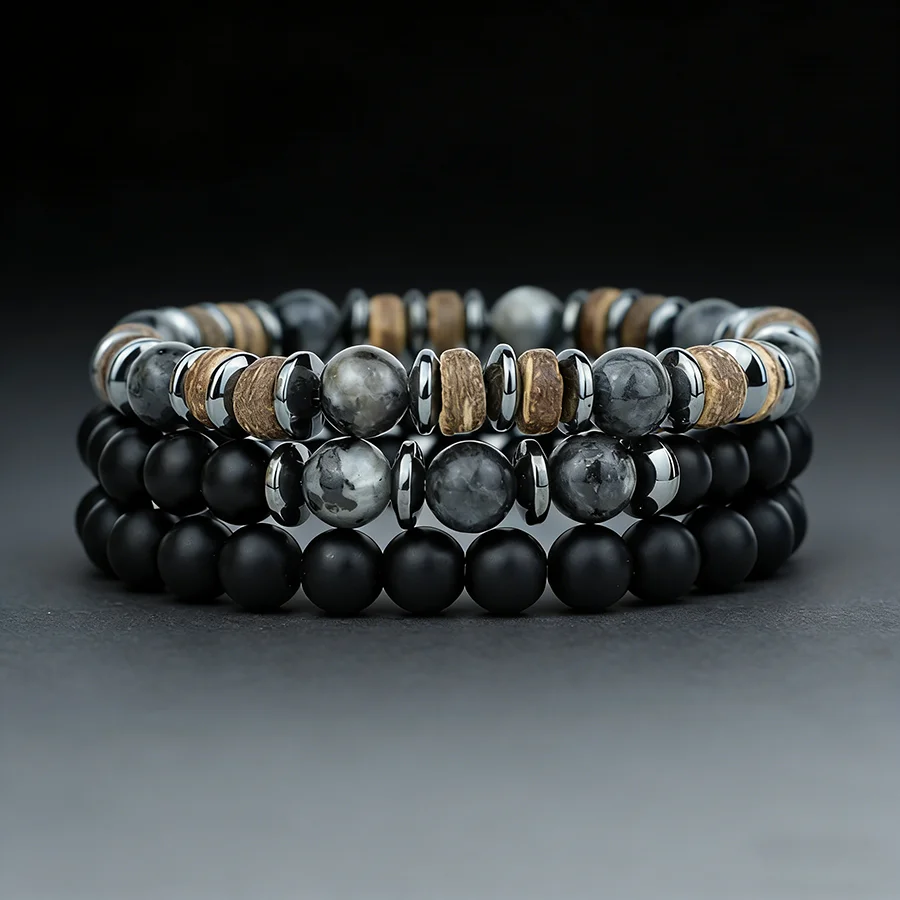 Set di 3 Bracciali di Lusso in Pietra Naturale per Uomo, 8mm Grado A, Onice, Occhio di Tigre, Perline in Legno, Bracciale per Meditazione, Regalo per Marito