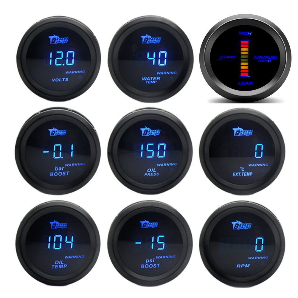 2 "52mm Auto Digitale Turbo Boost Gauge PSI BAR Temperatura dell'acqua Temp dell'olio Pressa dell'olio Contagiri RPM Meter Voltmetro EGT ARF Gauge
