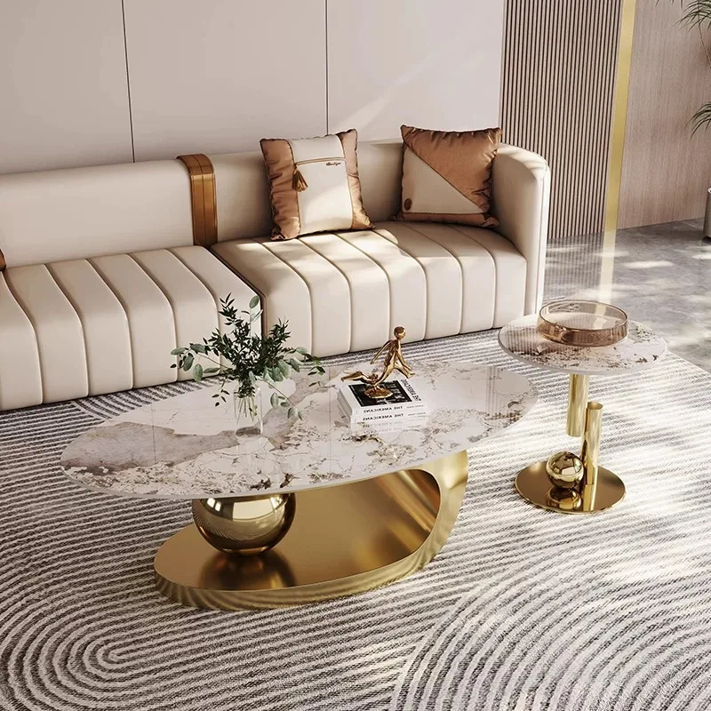 Modernes Luxus-Marmor-Oval-Couchtisch-Set in Gold, ausziehbar, elegant, für Wohnzimmer und Sofa, Wohnmöbel