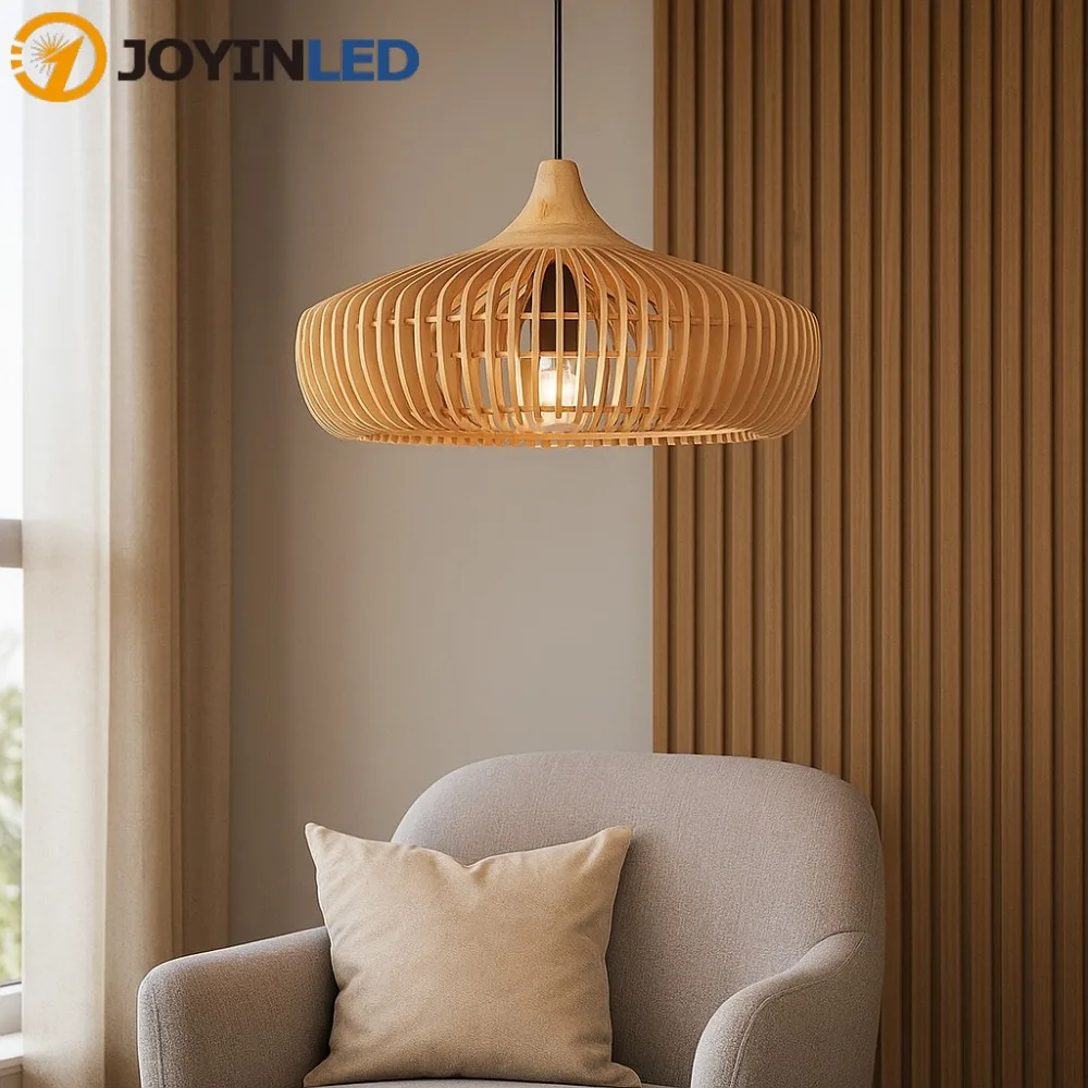 JOYINLED 43CM Natürliche Holz-Pendelleuchte Moderne Walnussholz-Farbige Leuchte für Esszimmer Wohnzimmer Esstisch Hängelampe