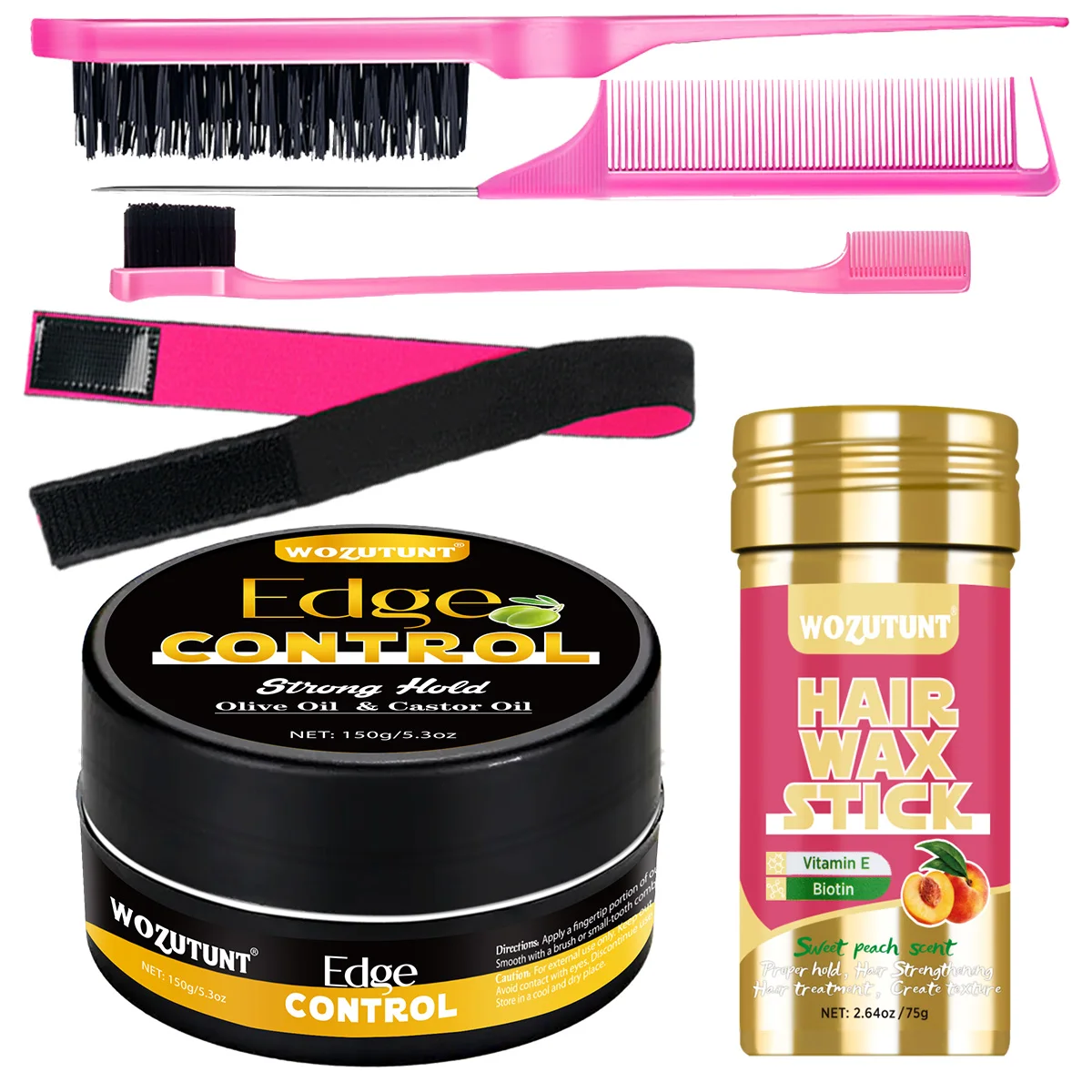 Haarwachs für Frauen zur Kantenkontrolle, Anti-Frizz Styling-Produkte für den Haaransatz, Glättende und formgebende Wachsstifte, Festes Wachs für unebenes Haar & 3-Kamm-Set Image