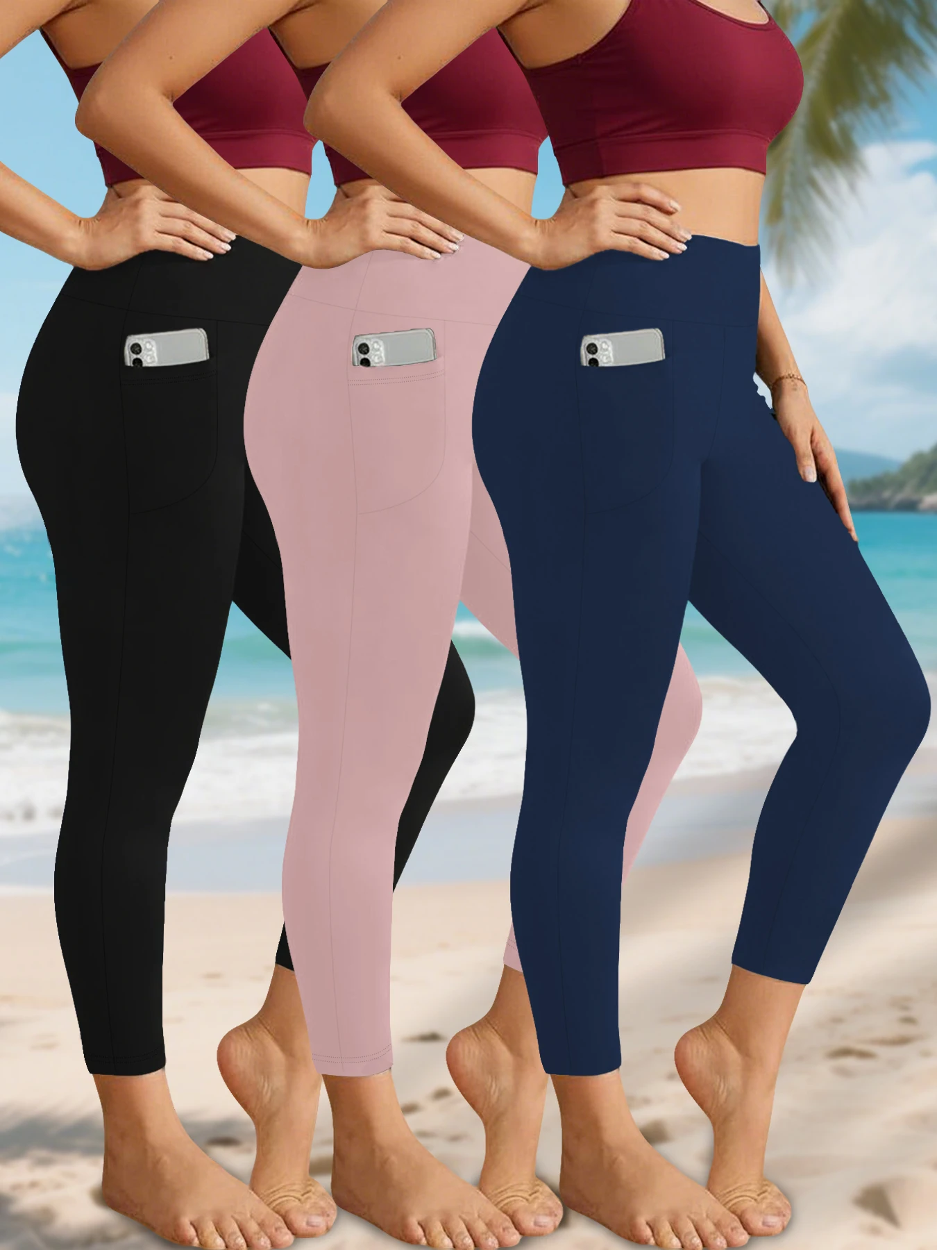 3er-Pack Superweiche Hosen für Damen Hochgeschnittene Caprihosen mit Taschen Bauchkontrolle Nicht Durchsichtig Laufhosen Image