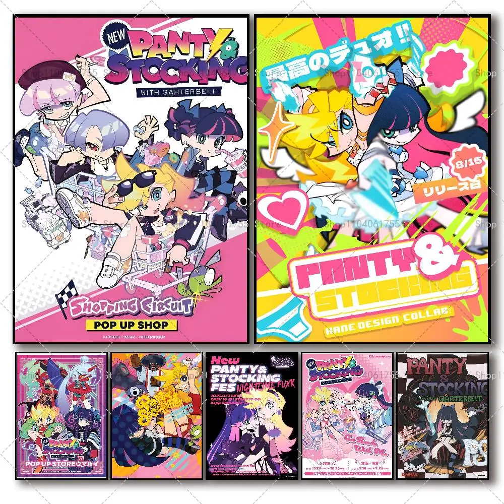 Anime P-Panty And Stocking Poster, hochwertige selbstklebende Wandkunst-Dekorationen, Farbdrucke, klebrig