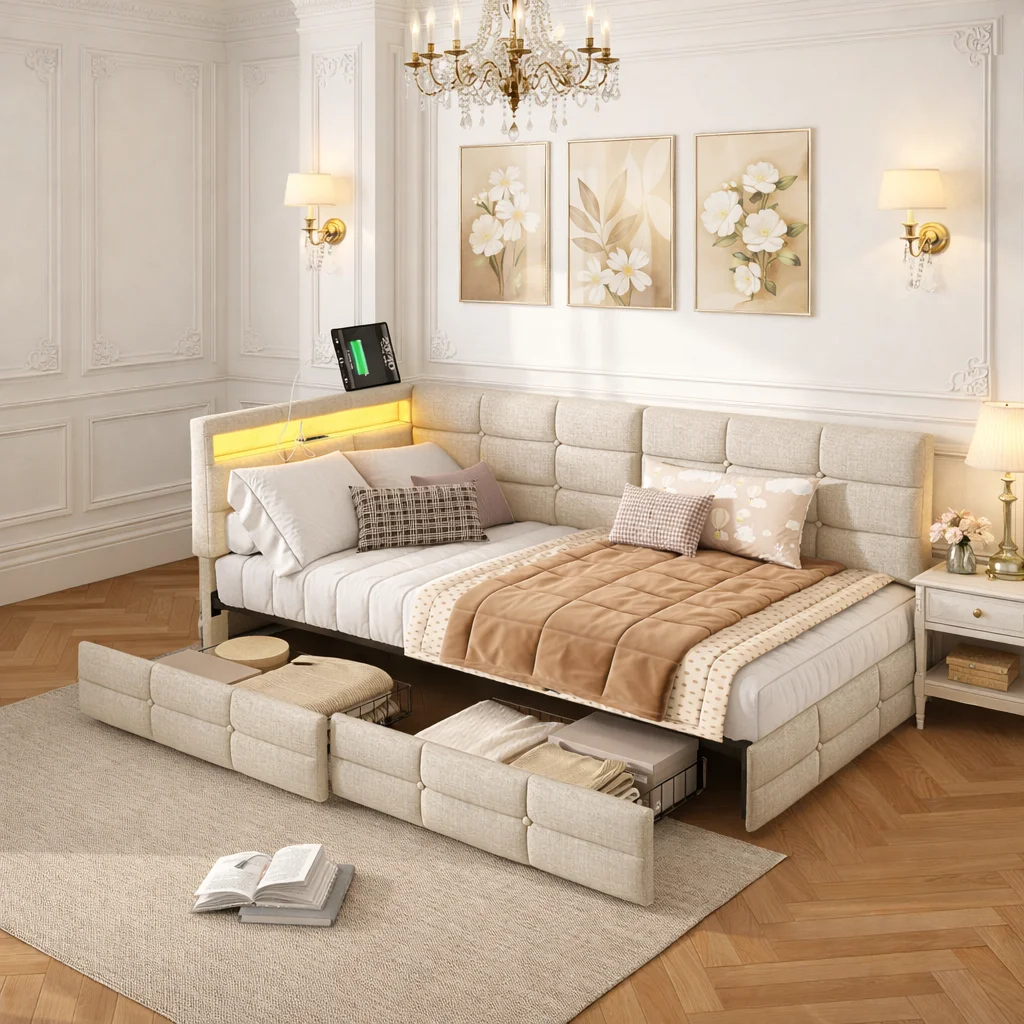 Polsterbett 90x200 cm mit Schubladen Stauraum, Tagesbett Schlafsofa mit LED und USB, Bettgestell mit Lattenrost Leinen, Kinderbett Jugendbett Funktionsbett, platzsparendes Gästebett Multifunktionsbett Image