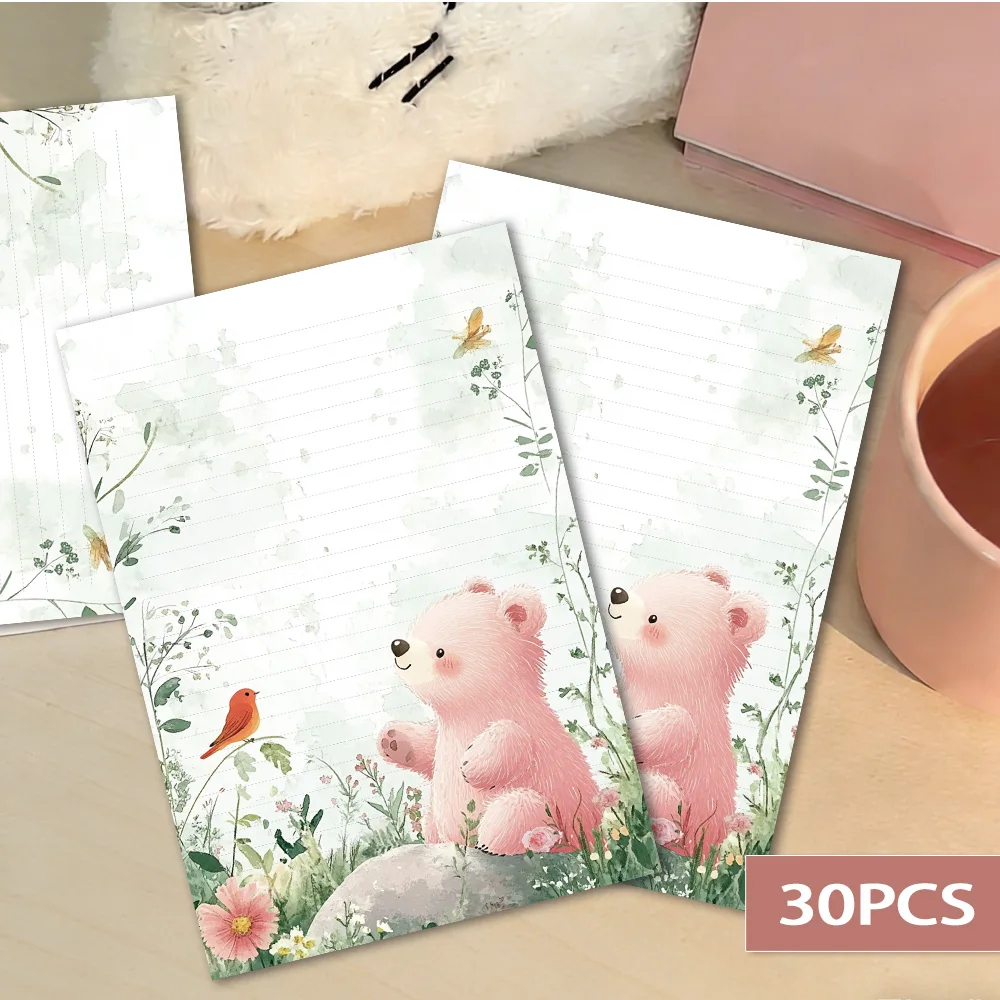 30 Blatt B5-Briefpapier mit rosa Bärenmotiv, abnehmbarer Aquarell-Notizblock, geeignet für Briefe, Haftnotizen und Dekorpapier Image