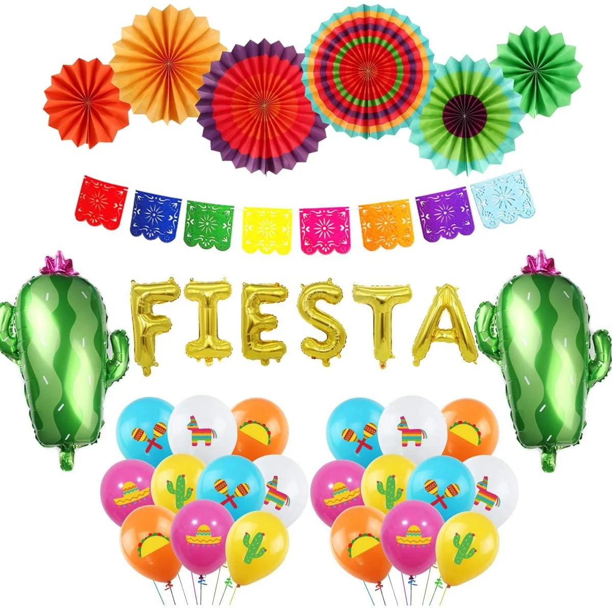 Mexikanisches Fiesta Themenparty Dekorations-Set - Picado Banner - Folien-Fiesta- und Kaktusballons für Partyzubehör - 35er Pack Image