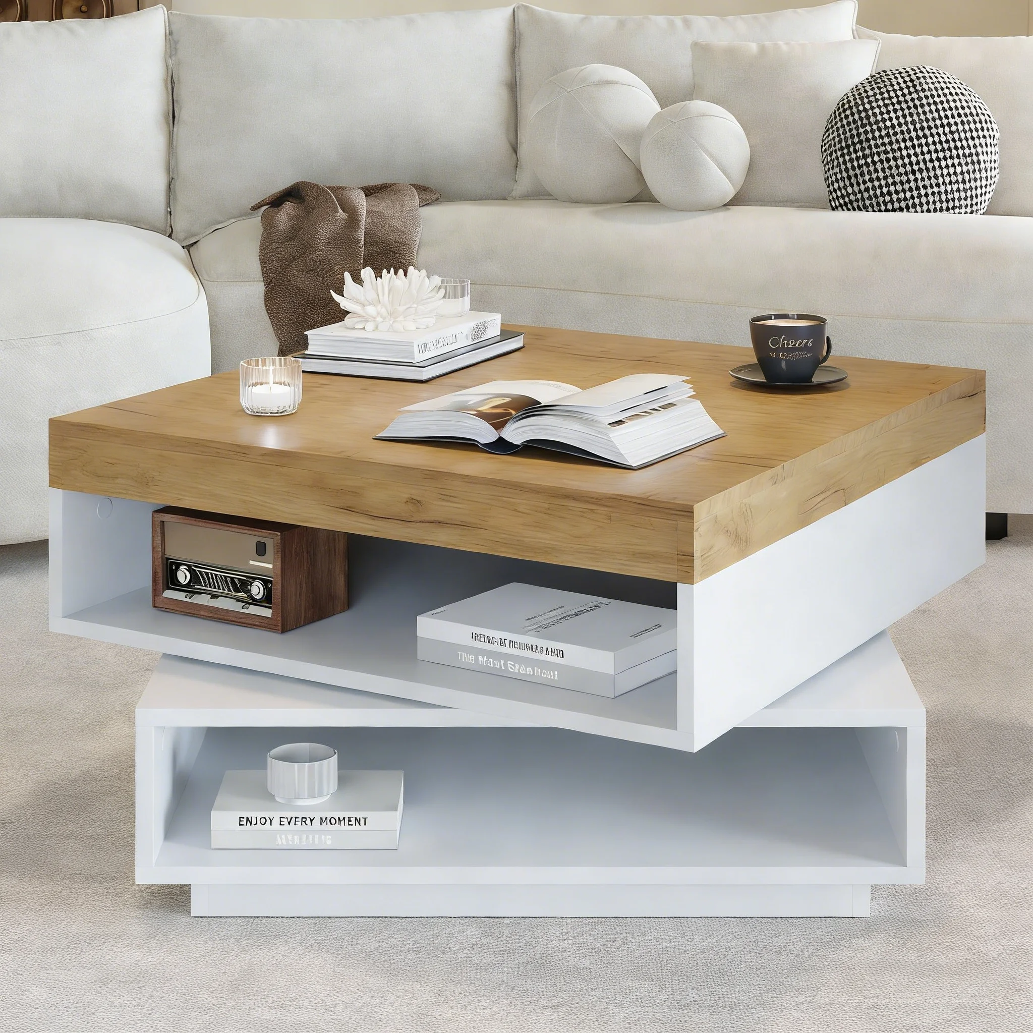 Couchtisch, quadratisch 360 ° Drehbarer Couchtisch mit LED-Beleuchtung und offenem Stauraum, Wohnzimmertisch, Sofatisch, Beistelltisch Image