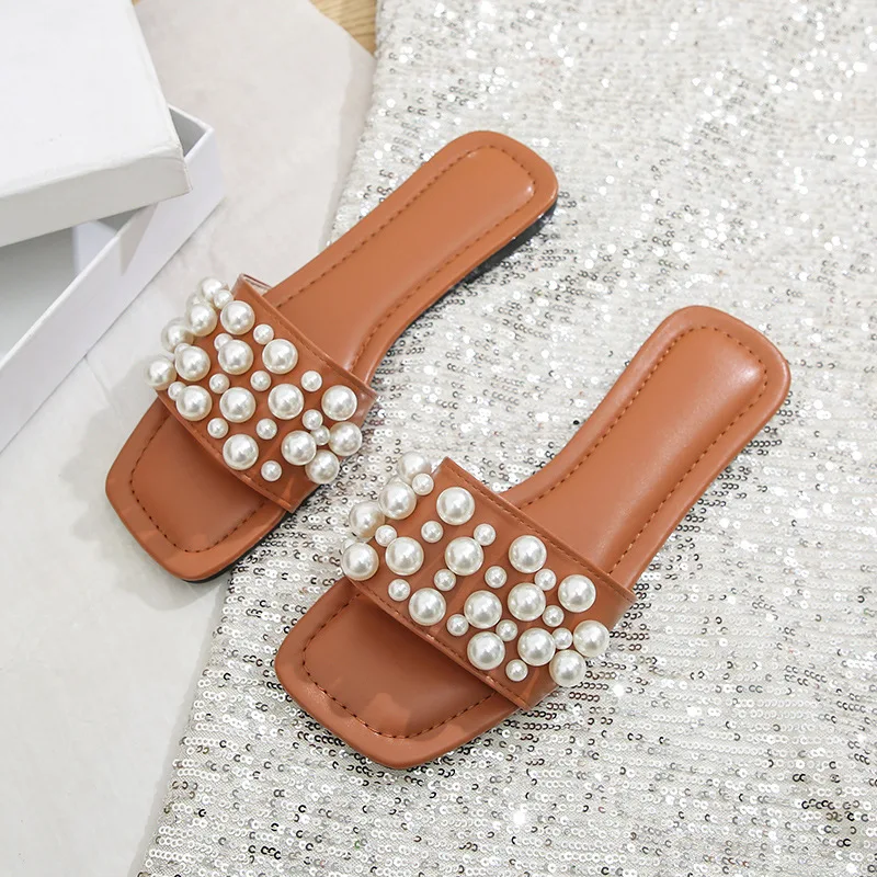 Perle Sommer Hausschuhe Frauen Wohnungen Luxus Outdoor-Flip-Flops Frauen Sandalen Gold Silber Design Marke Straße Schuhe Große Größe 36-43