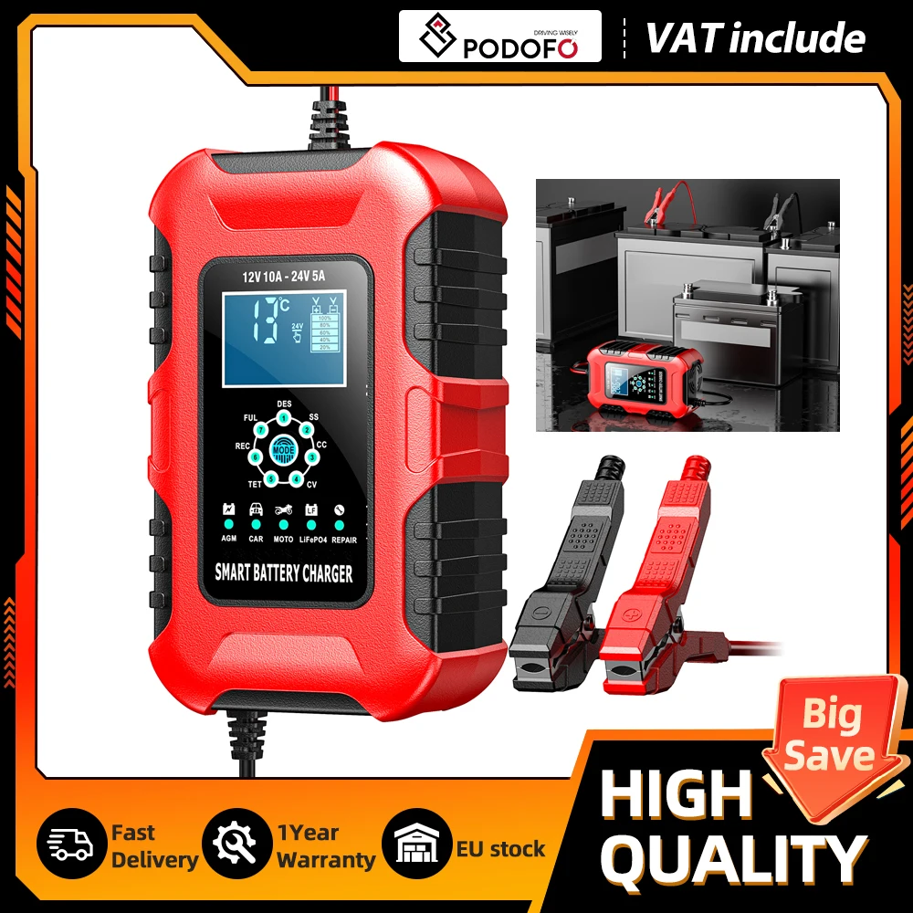 Podofo 12V 10A 24V 5A Batterieladegerät für Calcium-Gel AGM LiFePo4 Blei-Säure-Batterien mit Thermoschutz, Impulsreparatur und LCD-Anzeige Image