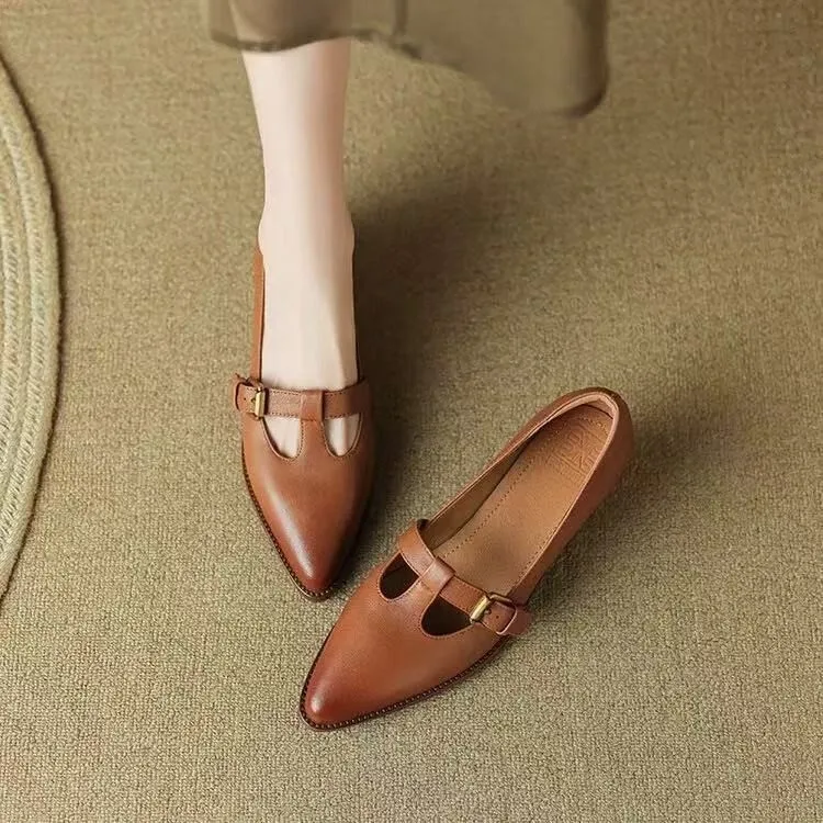 2026 Neue Retro Spitze Flache Schuhe für Frühling und Herbst mit Blockabsatz, Vielseitige T-Riemen-Schuhe aus Ultra-Weichem Leder mit Mittlerem Absatz