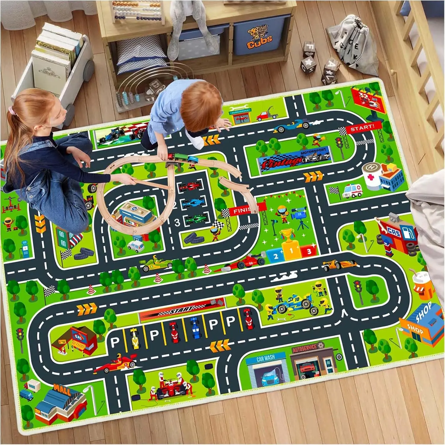 Auto-Spielmatte für Jungen und Mädchen Autobahn-Stadt-Verkehr-Motiv Teppiche für Kinder Spielzeugautos Kinderteppiche für Spielzimmer Rutschfester Kinder-Spielteppich