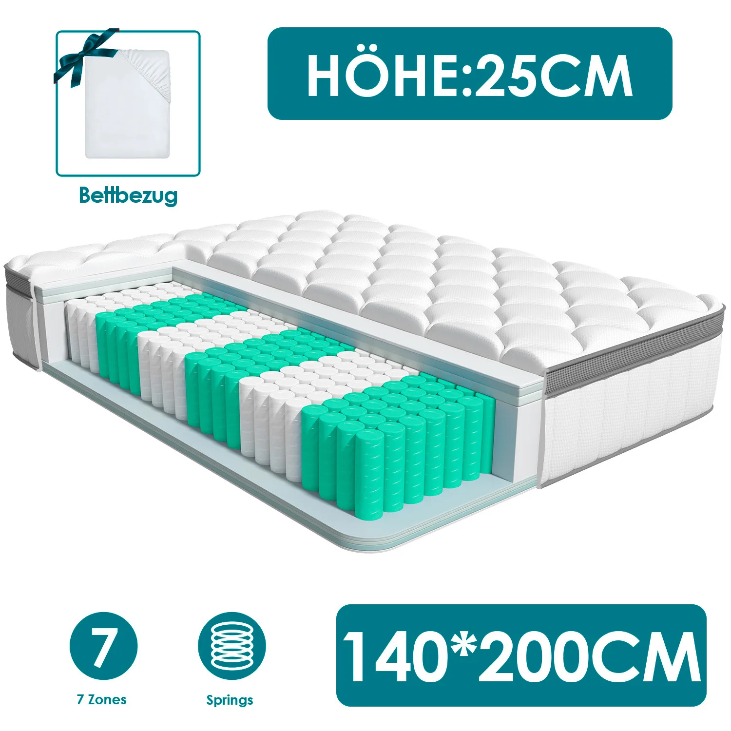 Hiazurm Matratze 140x200,Taschenfederkernmatratze,7-Zonen Federkernmatratze Matratzen,atmungsaktiv,Weiß,mittlere Härte,H3