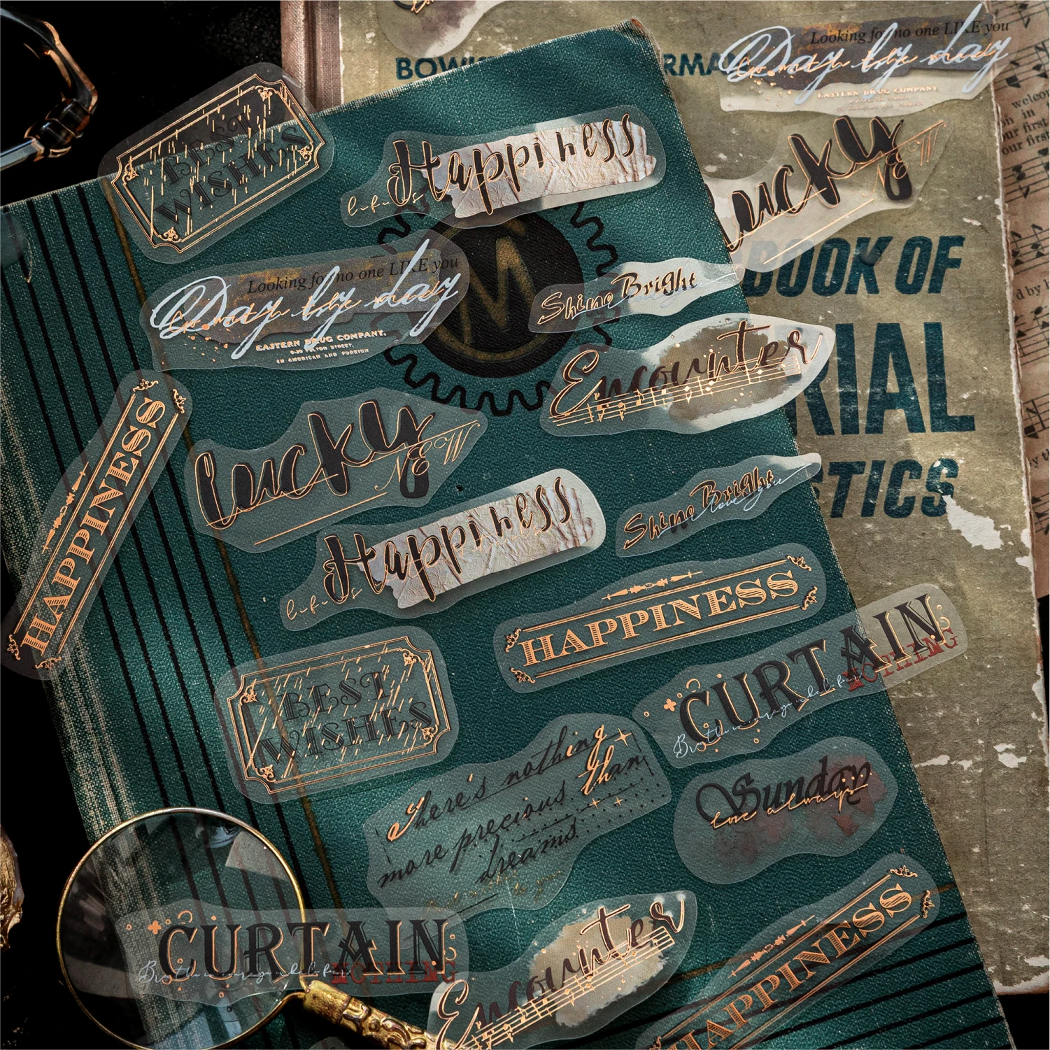 JIANQI 20 Stück Heißpräge-PET-Aufkleber-Set für Geschenkverpackungen, Scrapbooking, Album, Planer, Tagebuch, Kunst, DIY-Basteln Image