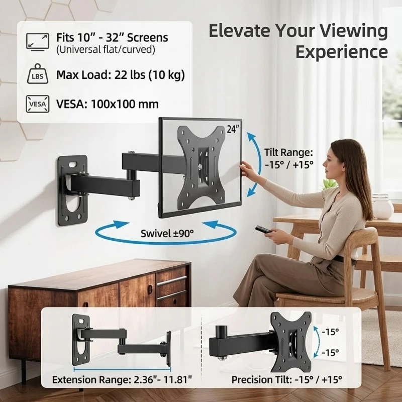 Universelle Full-Motion TV-Wandhalterung Schwenk- und Neigbar für 10-32 Zoll Flach- und Curved-Fernseher Monitor Schwarz Image