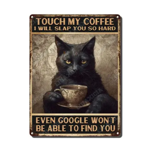 Vintage Metall-Blechschilder, Retro-Poster mit der Aufschrift „My Coffee Black Cat Art“, Blechschilder aus Aluminium Image
