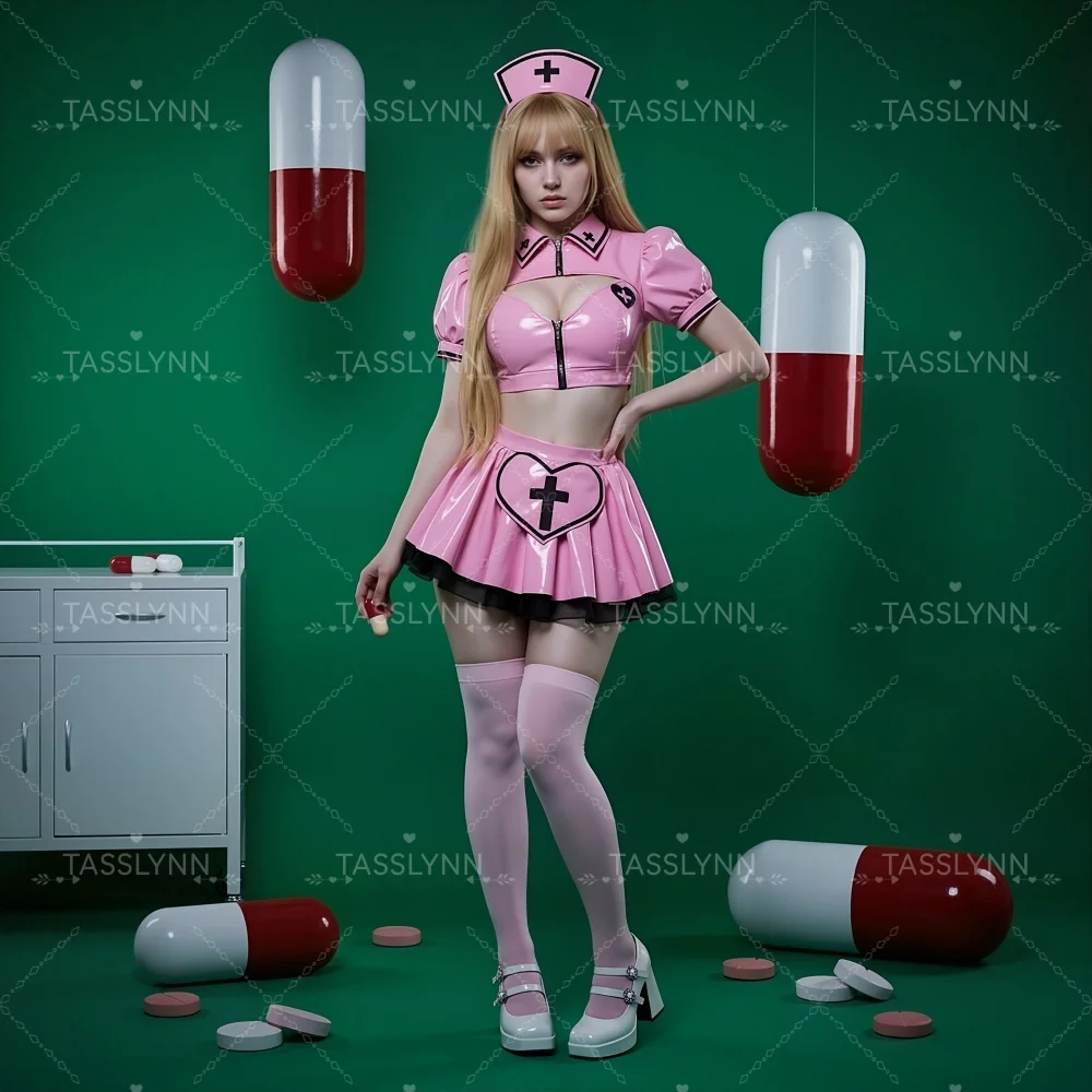 Gothic Süßes Krankenschwester-Cosplay-Set Schwarzer Rosa PU-Leder Minirock-Set Damen PU-Leder Herz-Kreuz-Outfit für Halloween