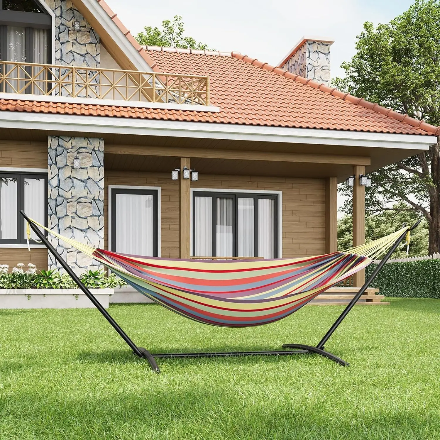 Doppel-Hängematte mit Gestell, Tragbare Outdoor-Hängematte mit 200 kg Tragkraft, mit Tragetasche für Camping, Garten und Hof