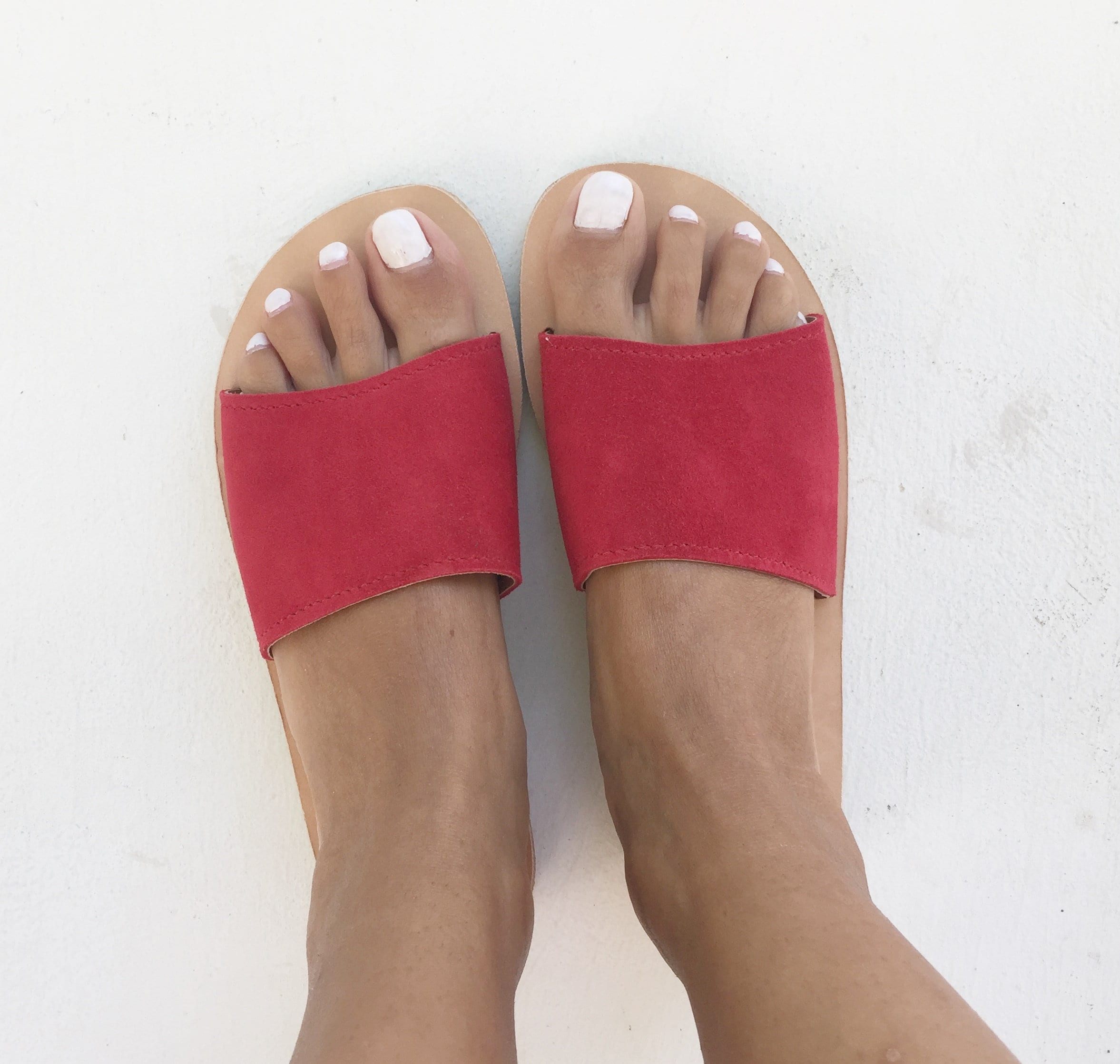 Sandali slip on, sandali in pelle, sandali da donna, sandali in pelle scamosciata, ciabatte, pantofole in pelle scamosciata, sandali rossi, sandali sl