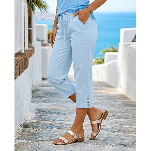 Damen Caprihose Kunstbaumwollleinen Sommershorts Urlaub Basic Wadenlang Mittlere Taille Einfarbig Einfach Atmungsaktiv Unelastisch Urlaub Formell Straße Apfel Grün Hellgrau Dunkelgrau Violett Sommer Image