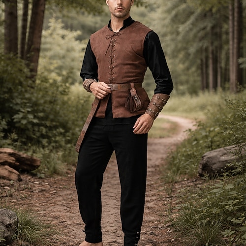 Mittelalterlich Renaissance Hose Weste Taillengürtel langarm Pirat Wikinger Ranger Schnürung Kostüm Herren Seeräuber Maskerade Party Renaissance-Messe LARP Erwachsene Weste Hemd Hose Image