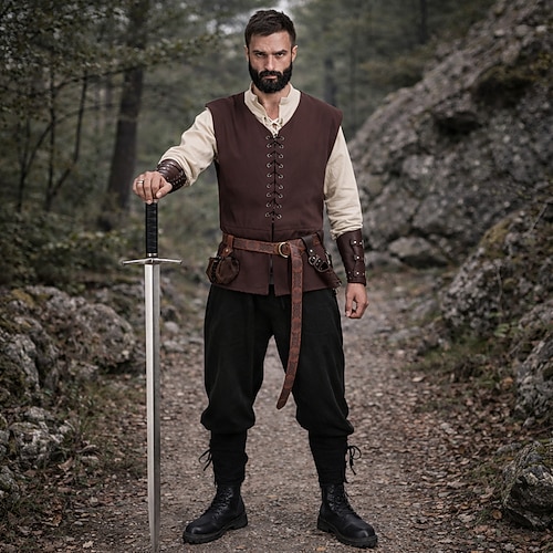 Mittelalterlich Renaissance Hose Weste Taillengürtel langarm Wikinger Ranger Schnürung Kostüm Herren Vikinger Maskerade Party Erwachsene Weste Hemd Hose Image