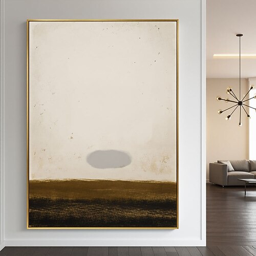 Minimalistisches, beruhigendes Landschaftsgemälde auf Leinwand, großes zeitgenössisches monochromes Kunstwerk, vertikale Wanddekoration, braun-beige Leinwandkunst Image